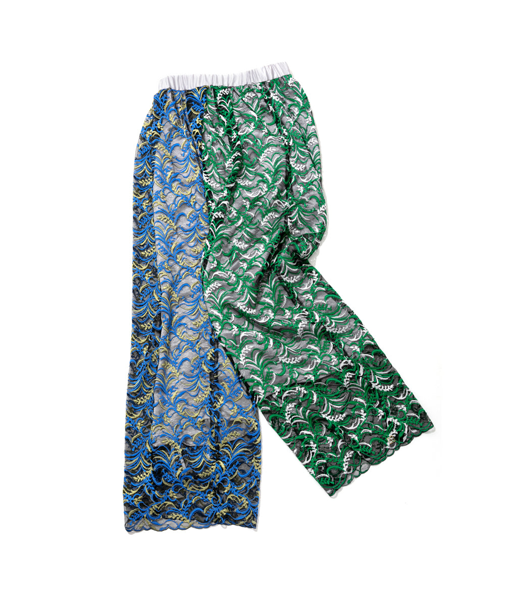 SAPEuR ダークグリーン メッシュパンツ リーフ刺繍メッシュワイドパンツ(blue×green) | 【公式