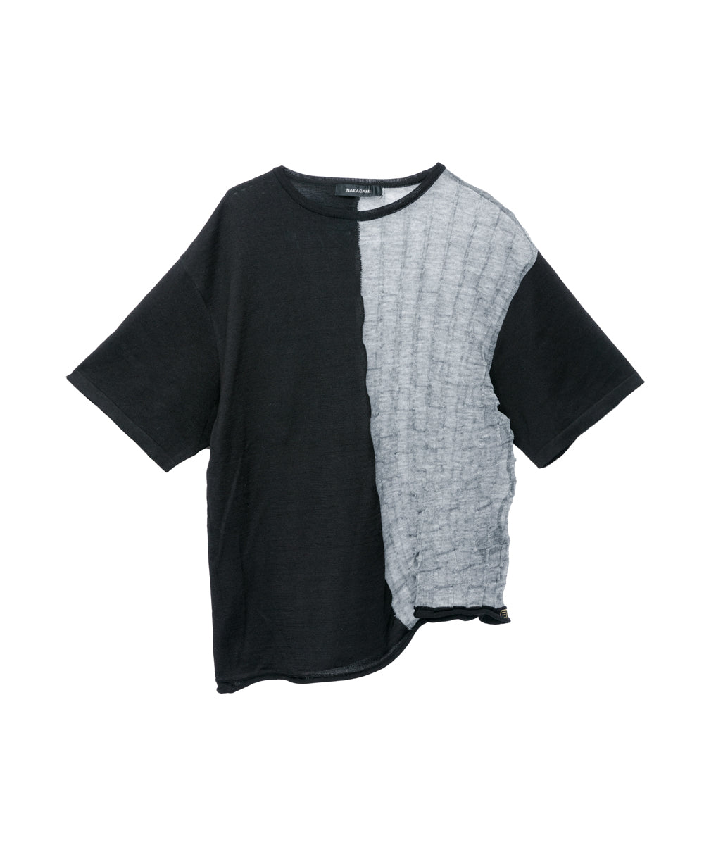 Unisex size】ブロックメッシュ切替ニットTシャツ(black×gray